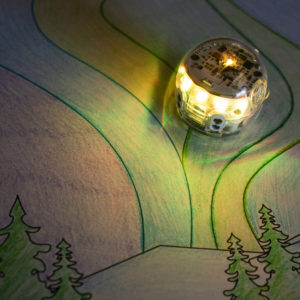 A picture of the Light Up the Sky with Auroras STEAM activity. Students in grades K-2 use Blockly color sensor data to program Ozobot's light.