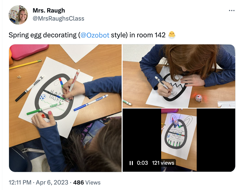 April OzoThings 2023: a collage of pictures showing easter egg drawing and Evo following the color code lines