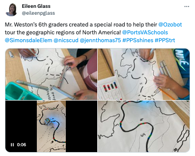 6th grade students create a special road through North America for their bots to travel through on large pieces of paper