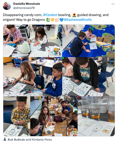 October OzoThings: collage of pictures showing students engaging in multiple STEAM activities from bowing to origami