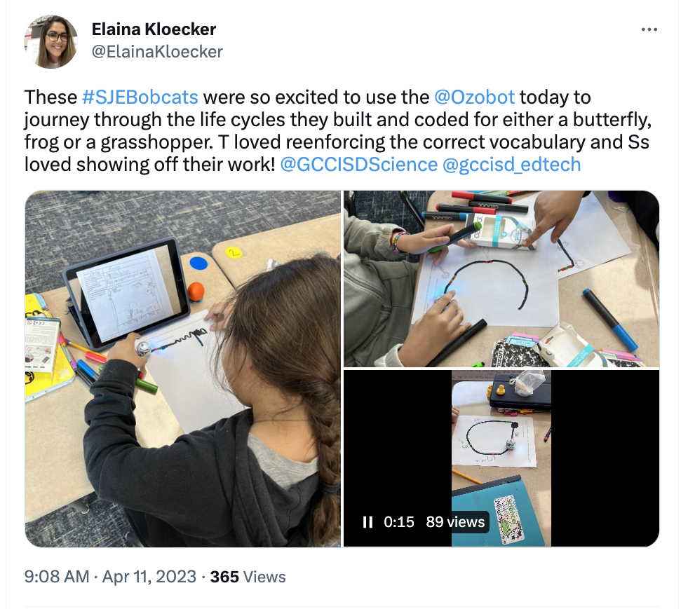 A collage of pictures showing students learning about life cycles using Evo to travel the color code tracks