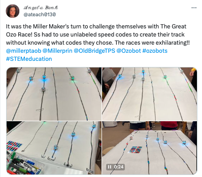 October OzoThings: a collage of pictures showing 4 big pieces of paper with color codes drawn on them for bots to race