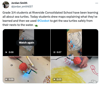 A collage of images showing students drawn maps using color codes for their Ozobots