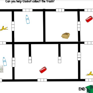 A picture of an Earth Day STEAM activity where students direct Evo to identify recyclable items
