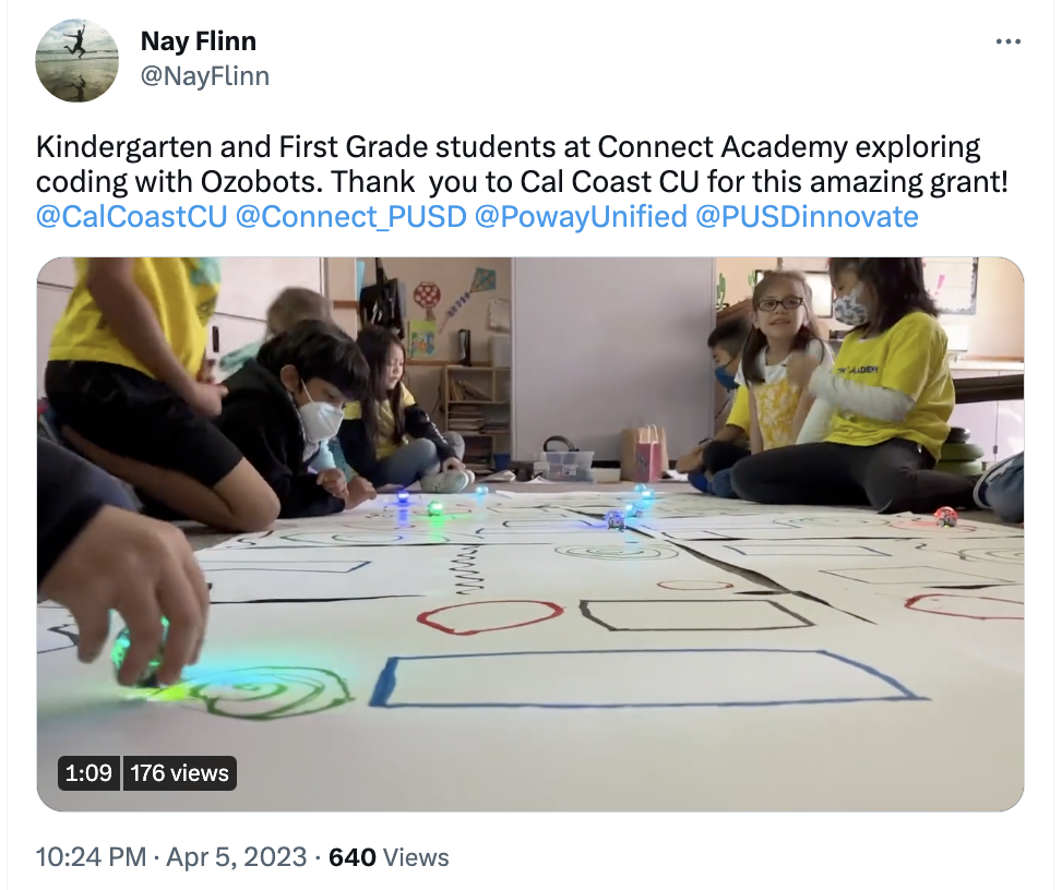 April OzoThings 2023: a picture showing different shapes drawn on a paper and Evo coding robots following the color code lines