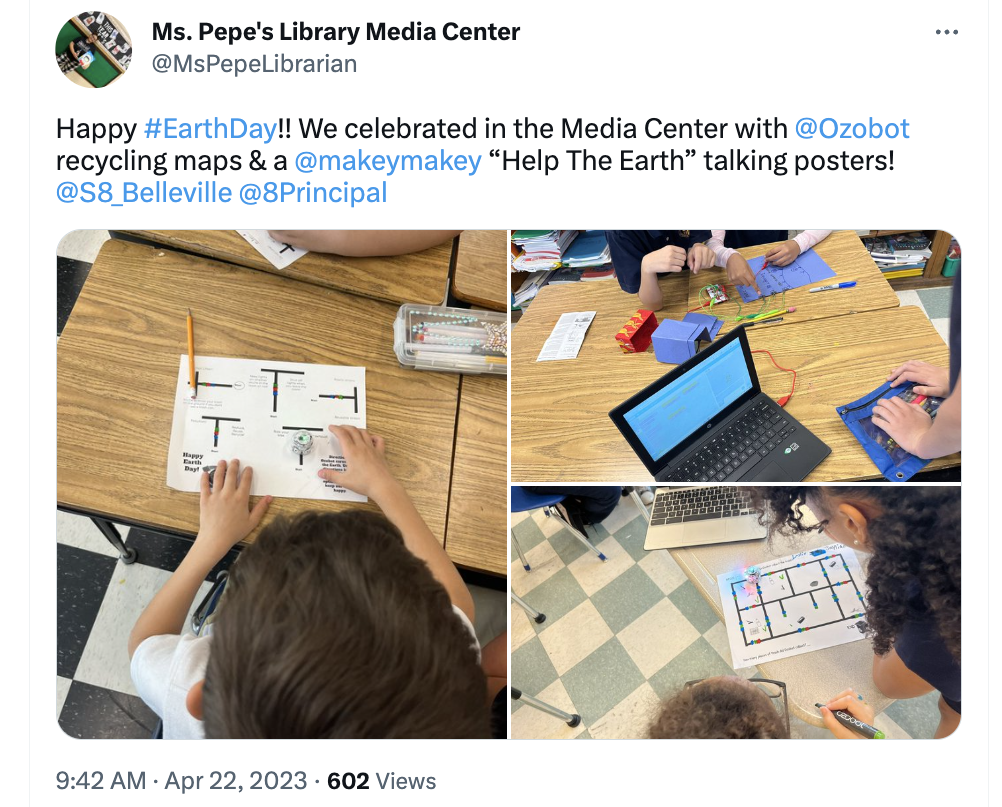 A collage of pictures showing students using Ozobot to complete recycling and Earth Day STEAM activities