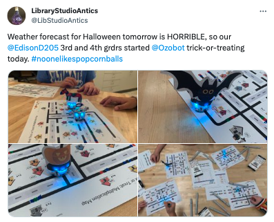 Collage of images showing students using Ozobots in a trick or treating STEAM activity